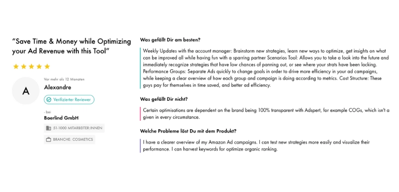 Amazon PPC tool - Adspert testimonional