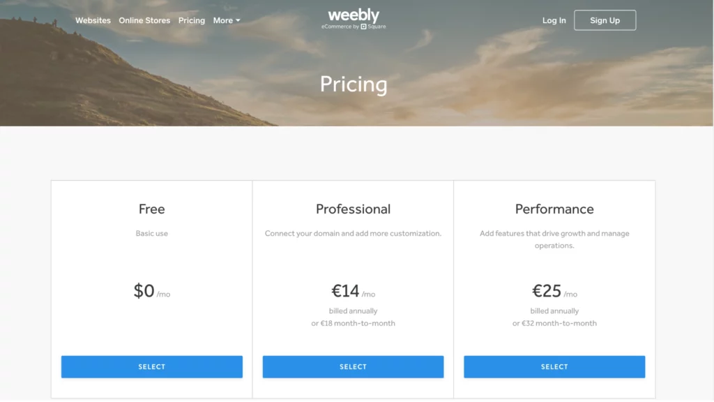 best free ecommerce platform - Weebly pricing