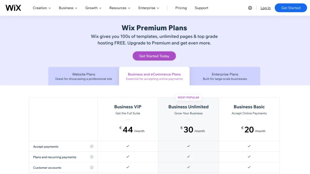 best free ecommerce website builder - Wix pricing