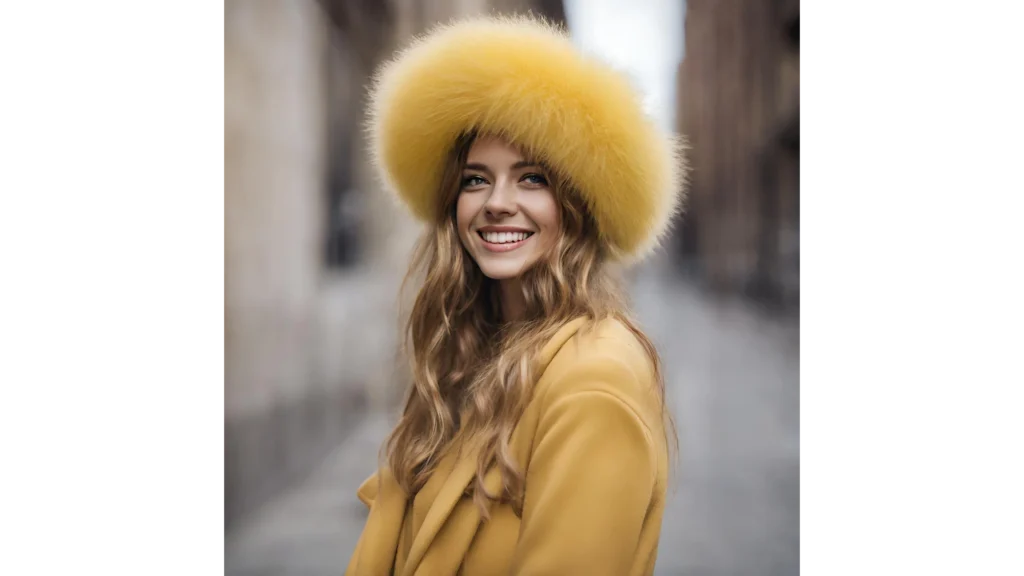 Porträt einer Frau mit flauschigem gelbem Hut und Mantel.