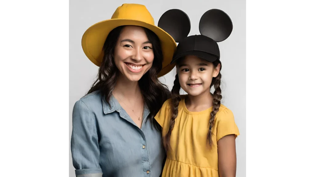 Frau mit gelbem Hut und ihre Tochter mit schwarzem Hut mit Mäuseohren