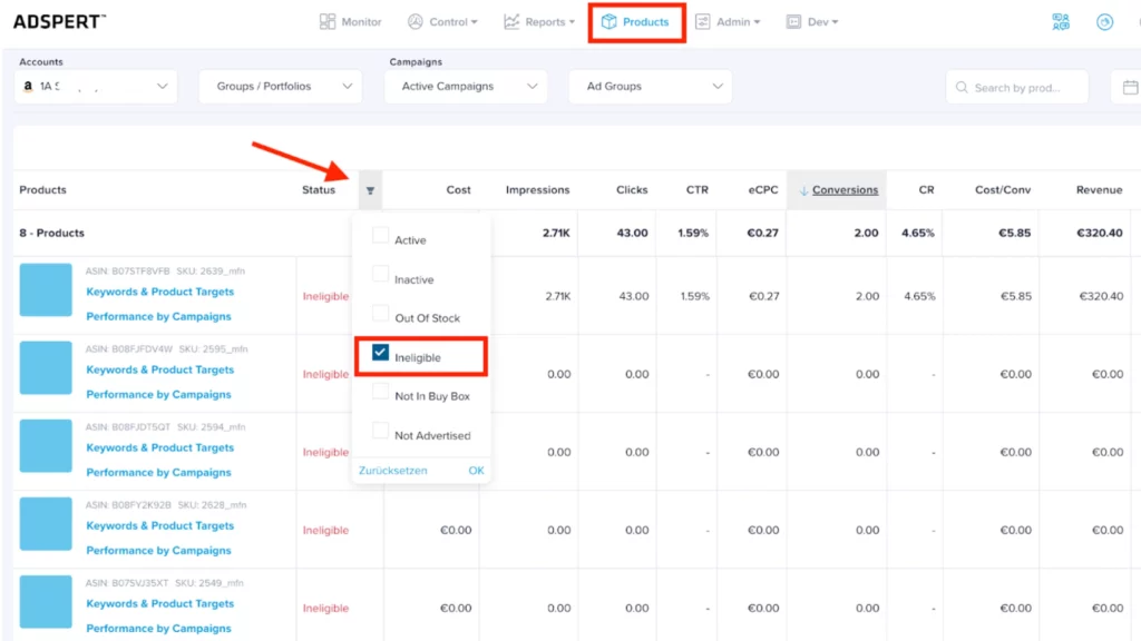 Screenshot from Adspert: Product ineligible on Amazon