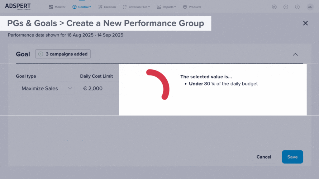 Performance Group Goal Fit Score - Immediately see how to adjust your goal to get best ad optimization results