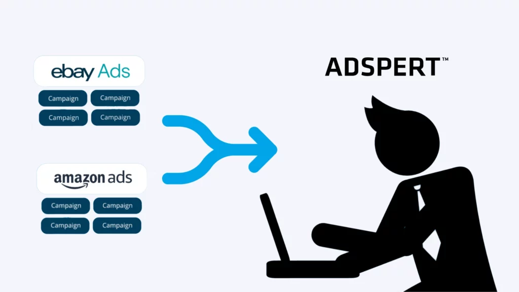 Image shows that Adspert makes it possible to use one PPC optimization tool for two advertising platforms - eBay Ads and Amazon Ads.