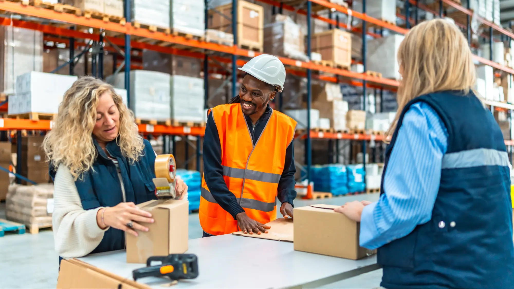 Warehouse workers talking while preparing packages to deliver