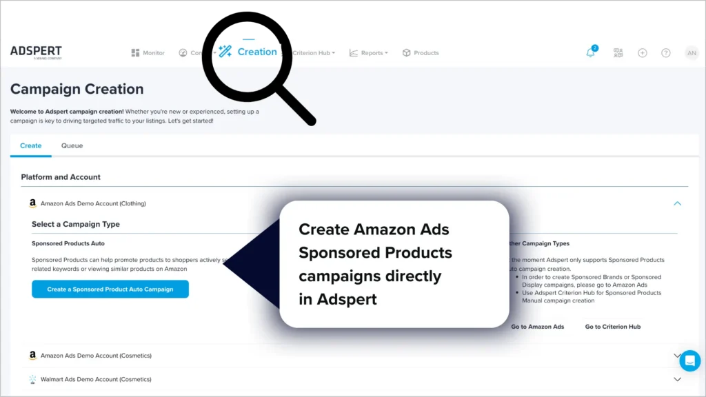 A screenshot of Adspert's Campaign Creation interface with the Creation tab highlighted by a magnifying glass, showing multiple Amazon Ads accounts and a Sponsored Products Auto campaign setup option, with a callout reading "Create Amazon Ads Sponsored Products campaigns directly in Adspert.
